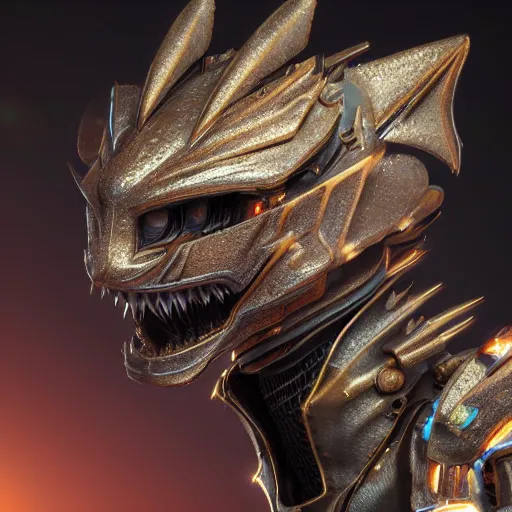 Image similar to a highly detailed close-up bust, of a beautiful cute anthropomorphic robot female dragon, with smooth and streamlined mechanical armor, standing and posing elegantly in front of the camera, well detailed head with two soft LED eyes, sharp teeth, two arms, artstation, DeviantArt, professional, octane render, sunset lighting
