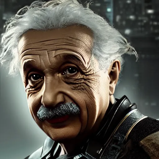 Image similar to 'Albert Einstein'! as (Batman) in Gears of War, splash art, movie still, detailed face, cinematic lighting, dramatic, octane render, long lens, shallow depth of field, bokeh, anamorphic lens flare, 8k, hyper detailed, 35mm film grain