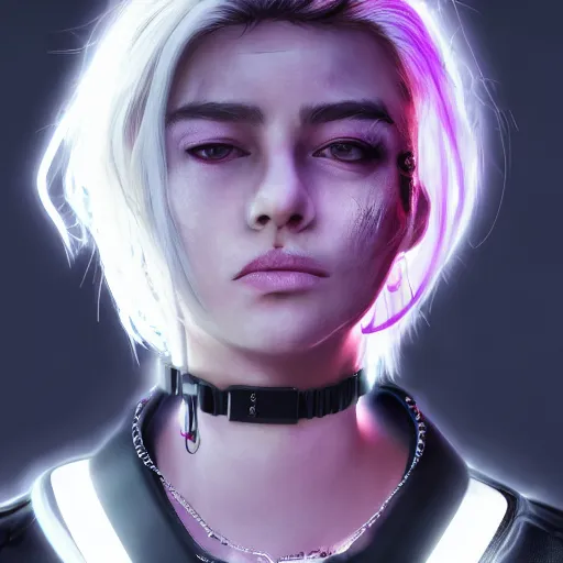 Image similar to detailed realistic cyberpunk female character cyberpunk wearing large steel collar around neck, realistic, art, beautiful, 4K, collar, choker, collar around neck, punk, artstation, detailed, female, woman, choker, cyberpunk, neon, punk, collar, choker, collar around neck, thick collar, choker around neck, wearing choker, wearing collar, bright neon punk hair,