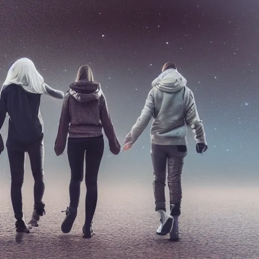 Image similar to 4 friends walking front view on foggy Mars in the future walking together all wearing stylish futuristic clothing picture taken with 35 mm camera, intricate, 4k, hd, super detailed, realistic, award-winning picture