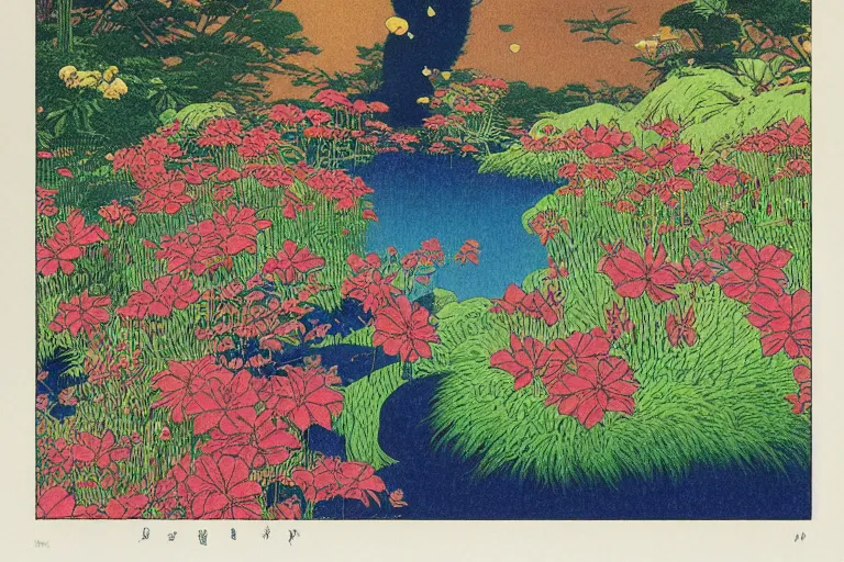 Image similar to gigantic cats catch gigantic dragonflies, a lot of exotic flowers around, heads are all over the ground, acid and dreaming psychedelic hallucinations, risograph by kawase hasui, dirtyrobot, edward hopper, satoshi kon and moebius, colorful flat surreal design, super - detailed, a lot of tiny details, fullshot