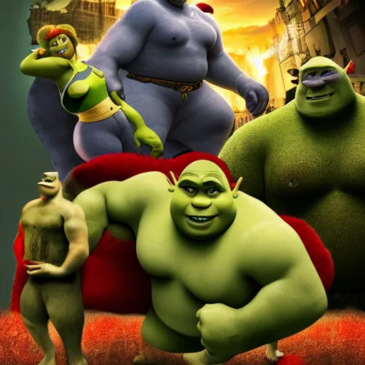 Image similar to muscular shrek beating avenger movie poster