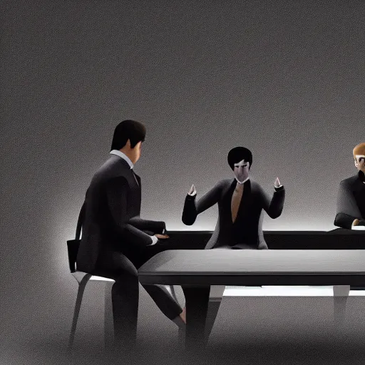 Image similar to HD render of shadow figures in suits sitting around a table in an occultic lair scheming and plotting, Ultra realistic digital art painting trending on artstation, photo realistic, black and purple colour scheme