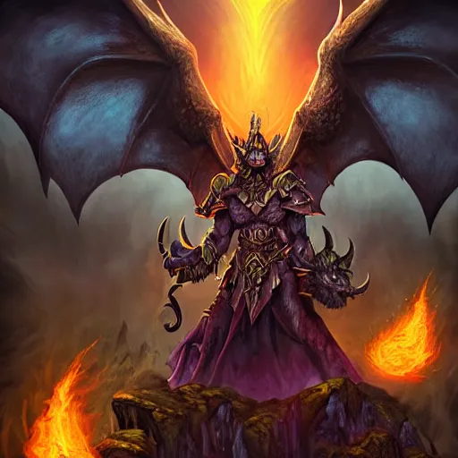 Image similar to epic professional portrait of a dark queen summoning hell dragons on a mountain, world of warcraft style, dark fantasy, graphic novel layout by samwise didier, dungeons and dragons