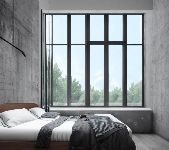 Image similar to brutalist black mansion luxury bedroom tall windows interior design minimalist organic, organic architecture furniture open space high quality octane render blender 8 k