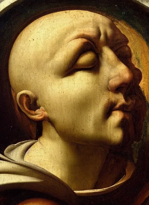 Prompt: renaissance painting of a weeping face enclosed in a circular cloud, painted by raffaello