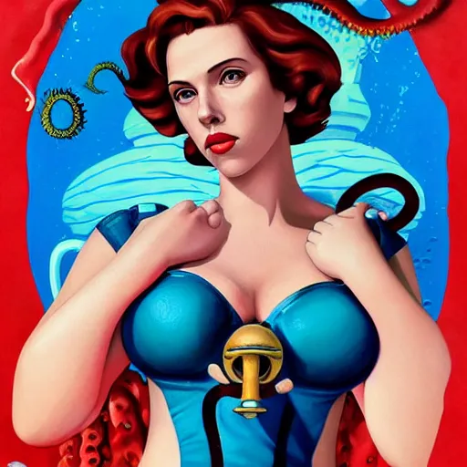 Image similar to lofi underwater bioshock portrait of scarlett johansson in swimsuit with giant octopus, Pixar style, by Tristan Eaton Stanley Artgerm and Tom Bagshaw.