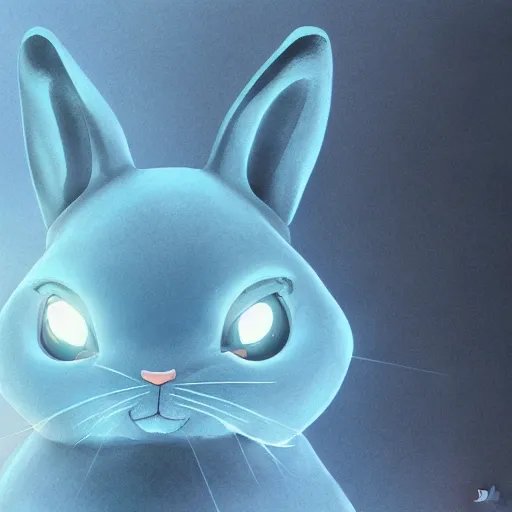 Image similar to artstation, by hayao myazaki, concept art, digital art, light blue, 2 - dimensional, 2 d, a rabbit robot