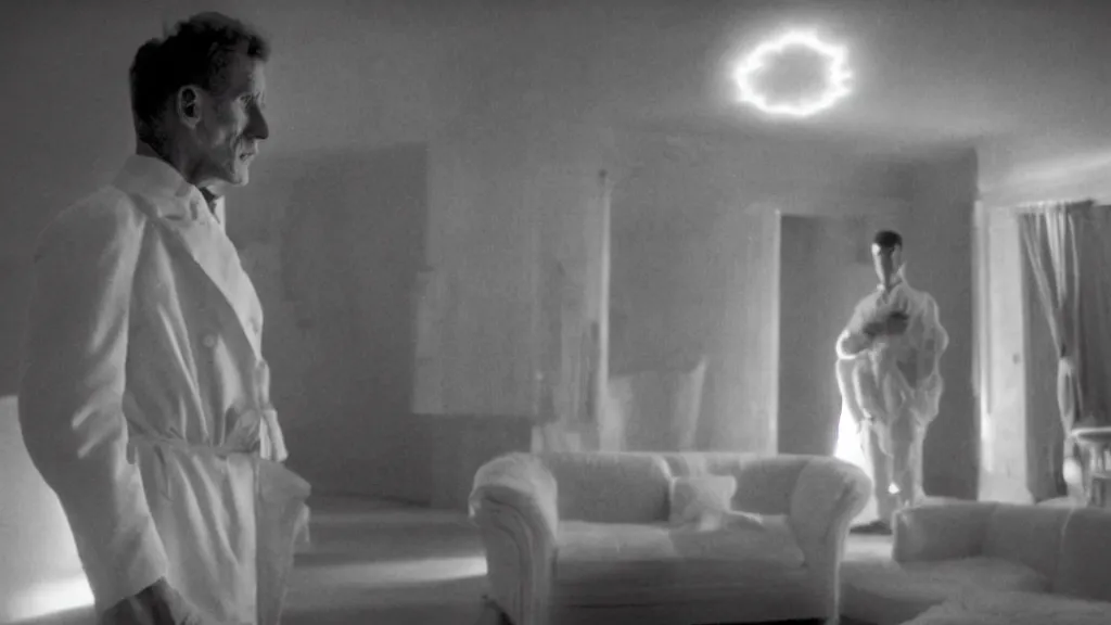 Image similar to an mri image of james cavell in the living room, film still from the movie directed by denis villeneuve with art direction by salvador dali, wide lens