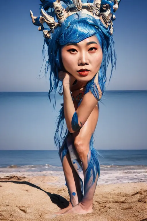 Prompt: a chinese woman dressed as a blue-skinned triton standing on a beach, blue body paint, high resolution film still, 8k, HDR colors, cosplay, outdoor lighting, high resolution photograph, photo by bruce weber, beautiful symmetric face