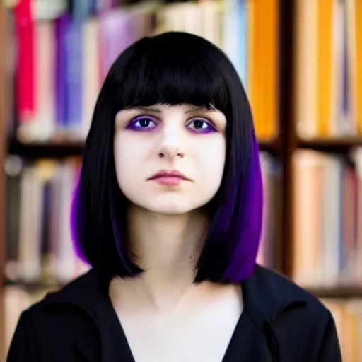 Prompt: 1 7 - year - old pale - skinned persian girl with black long bob cut, black gothic jacket, purple eyes, psychic girl, in a gloomy library, blue hour