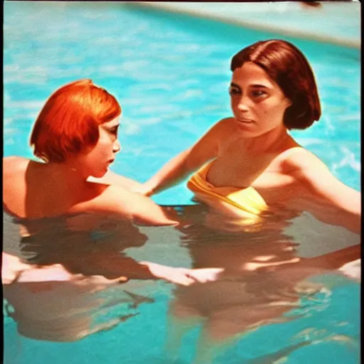 Prompt: two woman in the pool, film camera style, la piscine 1 9 6 9 film aesthetics, 1 9 7 0 s