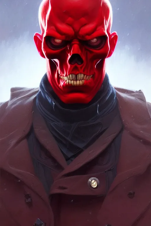 Image similar to a portrait of red skull, fantasy, sharp focus, intricate, elegant, digital painting, artstation, matte, highly detailed, concept art, illustration, ambient lighting, art by ilya kuvshinov, artgerm, alphonse mucha, and greg rutkowski