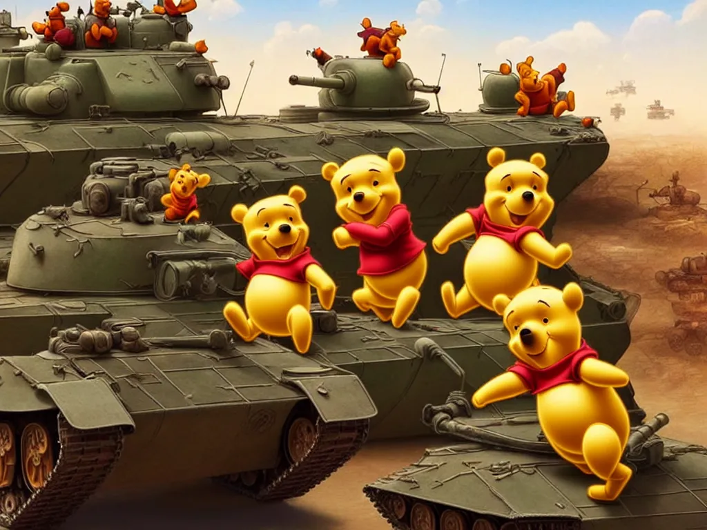 Image similar to winnie the pooh with tanks at tiananman square, cute and cuddly, highly detailed, photorealistic, octane render, 8 k, unreal engine. art by artgerm and greg rutkowski and alphonse mucha