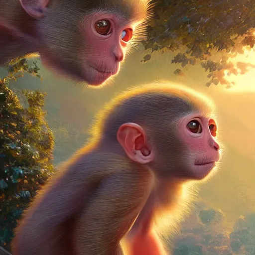 Image similar to clear portrait of baby monkeys, adorable appearance!!!, golden hour, happy apearance, cottagecore!!, background hyper detailed, character concept, full body, dynamic pose, intricate, elegant, highly detailed, digital painting, artstation, concept art, smooth, sharp focus, illustration, art by artgerm and greg rutkowski and alphonse mucha