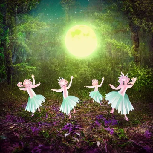 Image similar to Fairies dancing in the woods by full moon, realistic photo