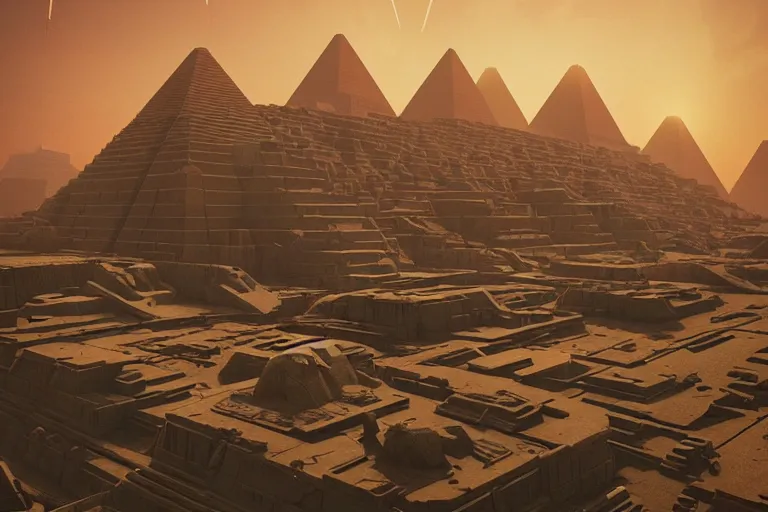 Image similar to ancient pyramids, cyberpunk art by mike winkelmann, trending on cgsociety, retrofuturism, reimagined by industrial light and magic, darksynth, sci - fi