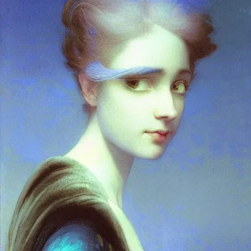 Image similar to a young woman's face, her hair is chrome and she wears an cobalt blue satin cloak, by ivan aivazovsky and syd mead and moebius and gaston bussiere and roger dean and pieter claesz and paul delaroche and alma tadema and aelbert cuyp and willem claesz, hyperrealistic, volumetric light, octane render