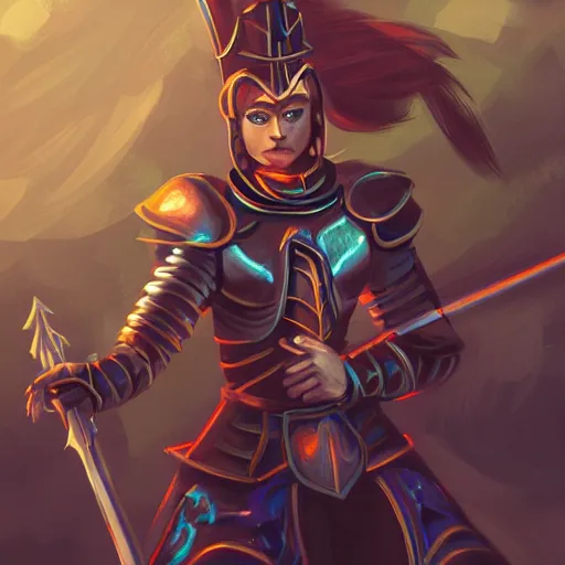 Image similar to female knight with an electric longsword rallies a band of troops, dramatic, fantasy character portrait, dynamic lighting, illustration, digital art, colorful