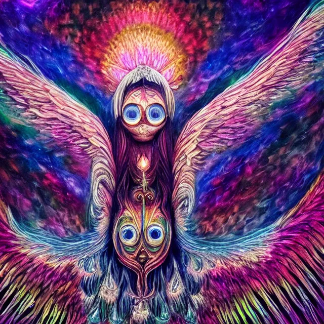 Image similar to angelic ophanim Lovecraftian celestial covered in eyes feathers and wings, oil painting award winning, chromatic aberration sharp colors, symmetrical geometry sublime angel covered in eyes be not afraid