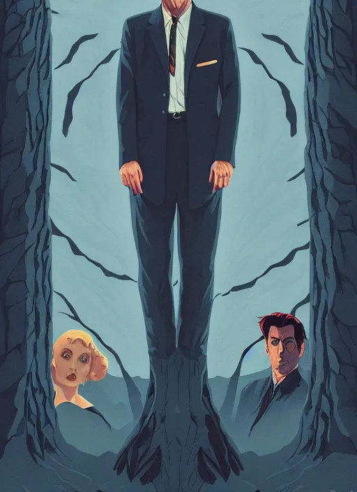 Prompt: Twin Peaks movie poster artwork by Tomer Hanuka and Michael Whelan, Rendering David Bowie epic face off with Jon Hamm full of details, by Makoto Shinkai and thomas kinkade, Matte painting, trending on artstation and unreal engine