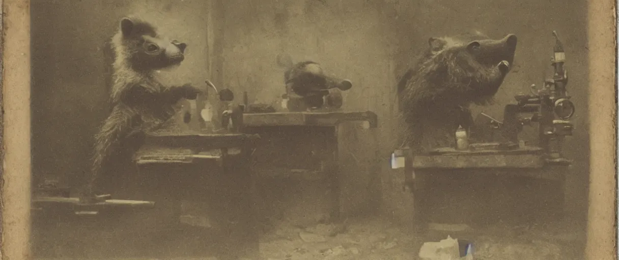 Image similar to detailed daguerreotype of a honey badger as watchmaker in workshop, stempunk laboratory, vintage style, wet collodion, stempunk, sepia, monochrome black and white, artistic photo from late xix century, high resolution, dark atmosphere