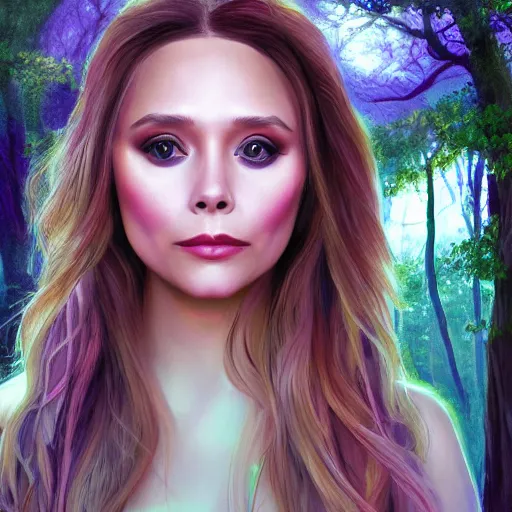 Image similar to Elizabeth Olsen as a nymph, mystical forest, digital art