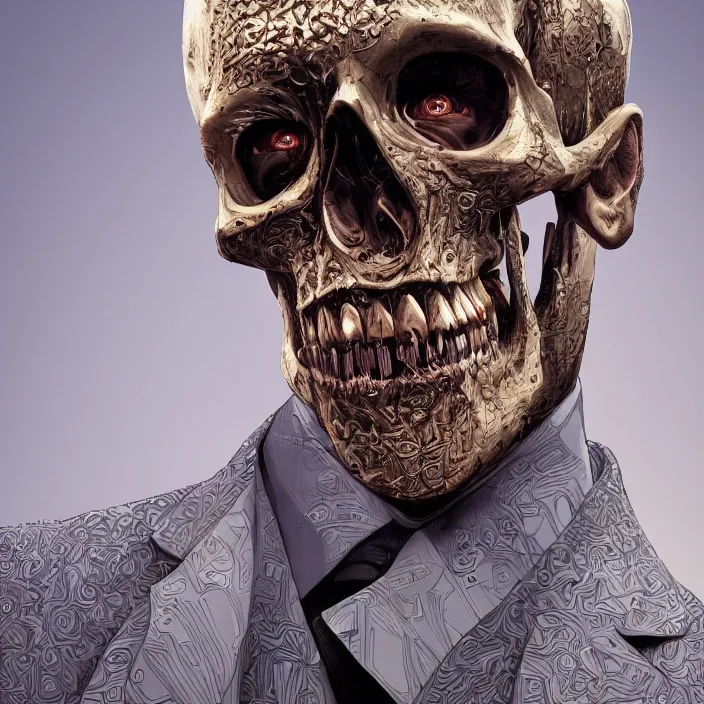 Image similar to portrait of james bond as a skull in a suit. intricate abstract. intricate artwork. nightmare fuel. by Tooth Wu, wlop, beeple, dan mumford. octane render, trending on artstation, greg rutkowski very coherent symmetrical artwork. cinematic, hyper realism, high detail, octane render, 8k, iridescent accents