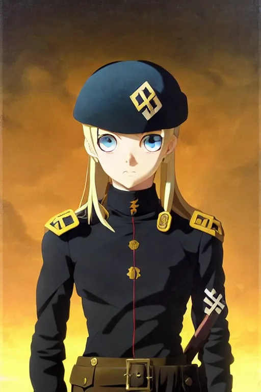 Image similar to baroque oil painting of key visual portrait concept art of young anime girl long blonde hair blue eyes, black leather nazi military uniform, brutalist, dark fantasy, rule of thirds golden ratio, fake detail, trending pixiv fanbox, acrylic palette knife, style of makoto shinkai studio ghibli genshin impact jamie wyeth james gilleard greg rutkowski