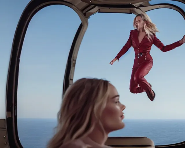 Image similar to a photo of margot robbie in the air jumping from a helicopter, hyper realistic faces, beautiful eyes, cinematic, long shot, hyper detailed, 8 5 mm photograph, 8 k resolution, film still, sharp lens, wide lens