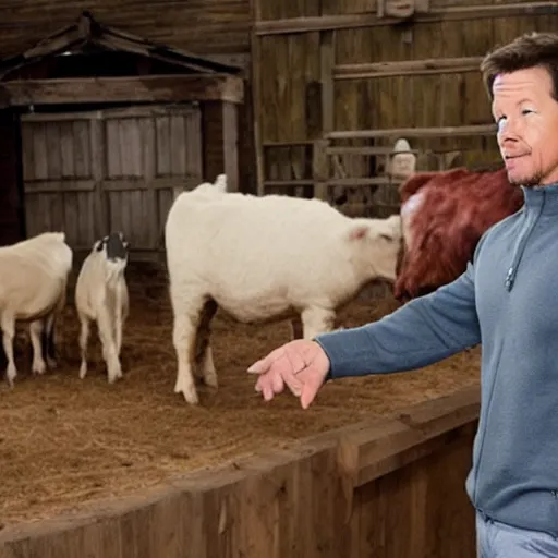 Prompt: mark wahlberg talking to farm animals