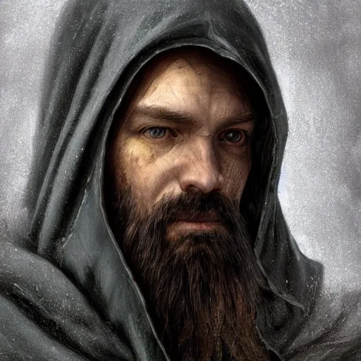 Image similar to epic portrait an hooded man with a beard and serious face, digital painting, artstation, concept art, soft light, hdri, smooth, sharp focus, illustration, fantasy, intricate, elegant, highly detailed, D&D, matte painting, in the style of Greg Rutkowski and Alphonse Mucha and artemisia, 8k, highly detailed, jurgens, rutkowski, bouguereau, pastoral, rustic, georgic, detailed concept art, illustration, colorful pastel, painting, detail, ultra detailed, digital art, 4K,