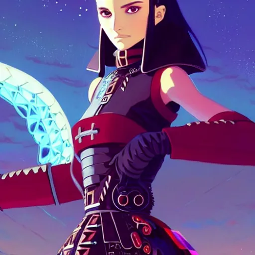 Image similar to a beautiful!! natalie portman model, wearing futuristic looking leather dress outfit with mayan pattern and native style, jrpg aztec street fashion, gapmoe yandere grimdark, trending on pixiv fanbox, painted by greg rutkowski makoto shinkai takashi takeuchi studio ghibli, akihiko yoshida