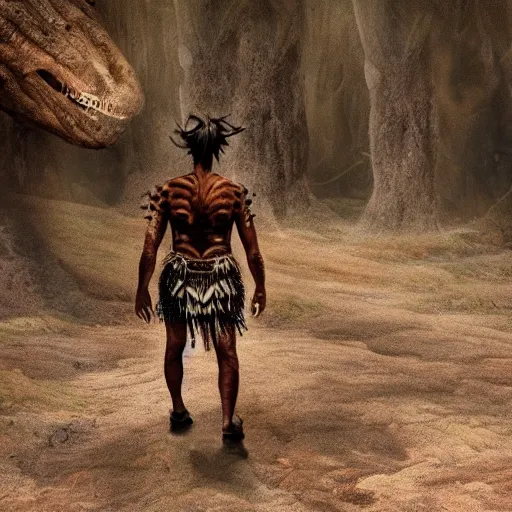 Prompt: photo of a prehistoric shaman walking in amazement on an alien planet