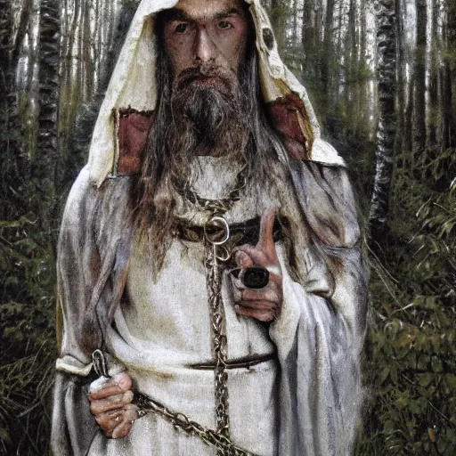 Image similar to slavic dog head man, woolen torso in medieval clothes, hiding in the forest, orthodox saint christopher, art by luis royo, oil painting, painting by viktor vasnetsov, concept art, hyperrealism, beautiful, high resolution, trending on artstation,