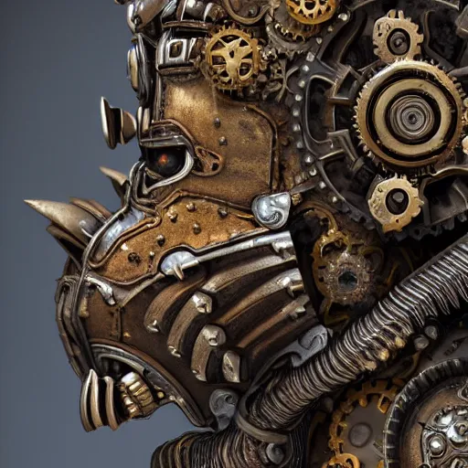 Image similar to A steampunk ornate made of engraved full plate armor and gears shaped in Styracosaurus head at the center, Macro shot by Justin Gerard, unreal engine, physically based rendering