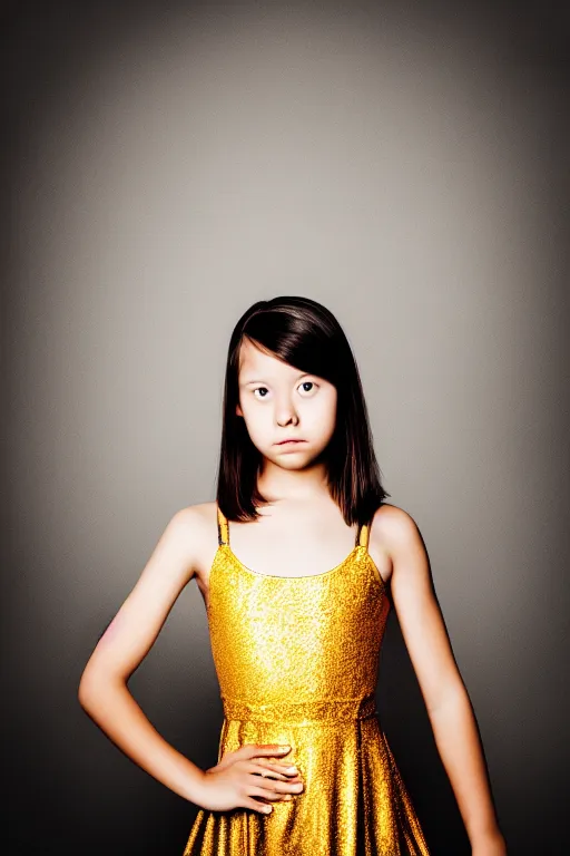 Image similar to lifestyle portrait of a girl in a golden dress with over a black background, photography, smooth, sharp focus, turning head