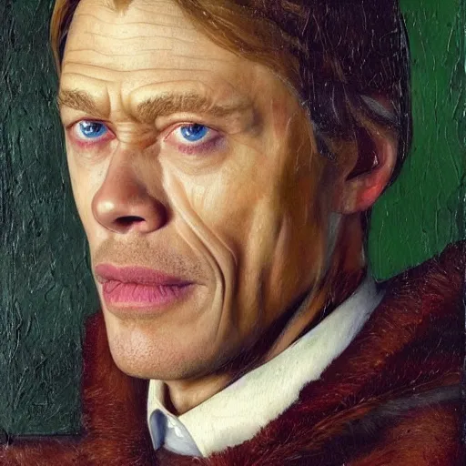 Image similar to portrait of chris hemsworth combined with willem dafoe and steve buscemi, oil painting by jan van eyck, northern renaissance art, oil on canvas, wet - on - wet technique, realistic, expressive emotions, intricate textures, illusionistic detail