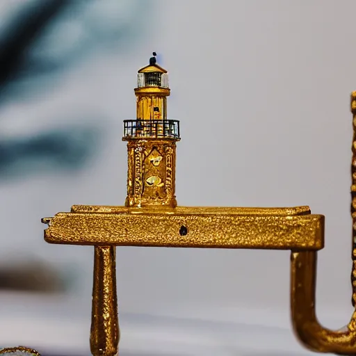 Prompt: an ornate lighthouse 28mm miniature, detailed with white and gold filagree and goldleaf decorative elements, sitting on a desk, painstaking detail, black lacquer, glossy shiny reflective, splashed with graffiti art