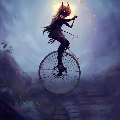 Prompt: a super cute demon riding a unicycle, anime, manga, kawaii, magical world, by greg rutkowski, sung choi, photo realistic, 8 k, cinematic lighting, hd, atmospheric, hyperdetailed, trending on artstation, devainart, digital painting, glow effect