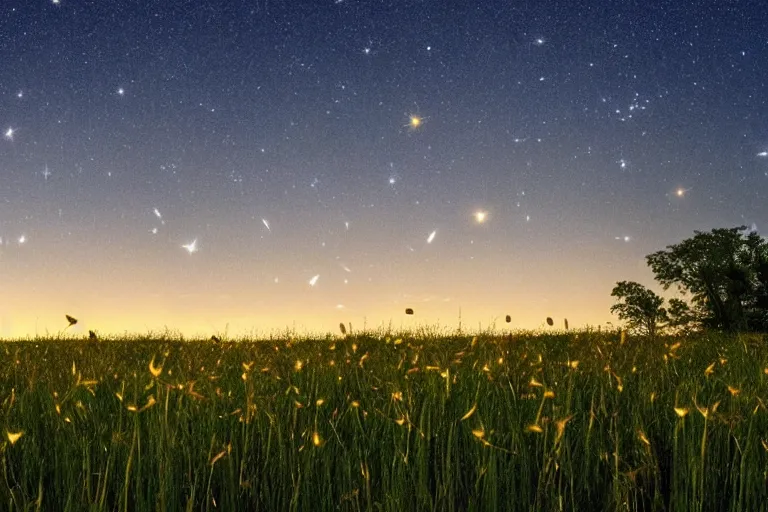 Prompt: fireflies in a field at twilight, tall grasses and field flowers, midsummer, moon and stars in the sky