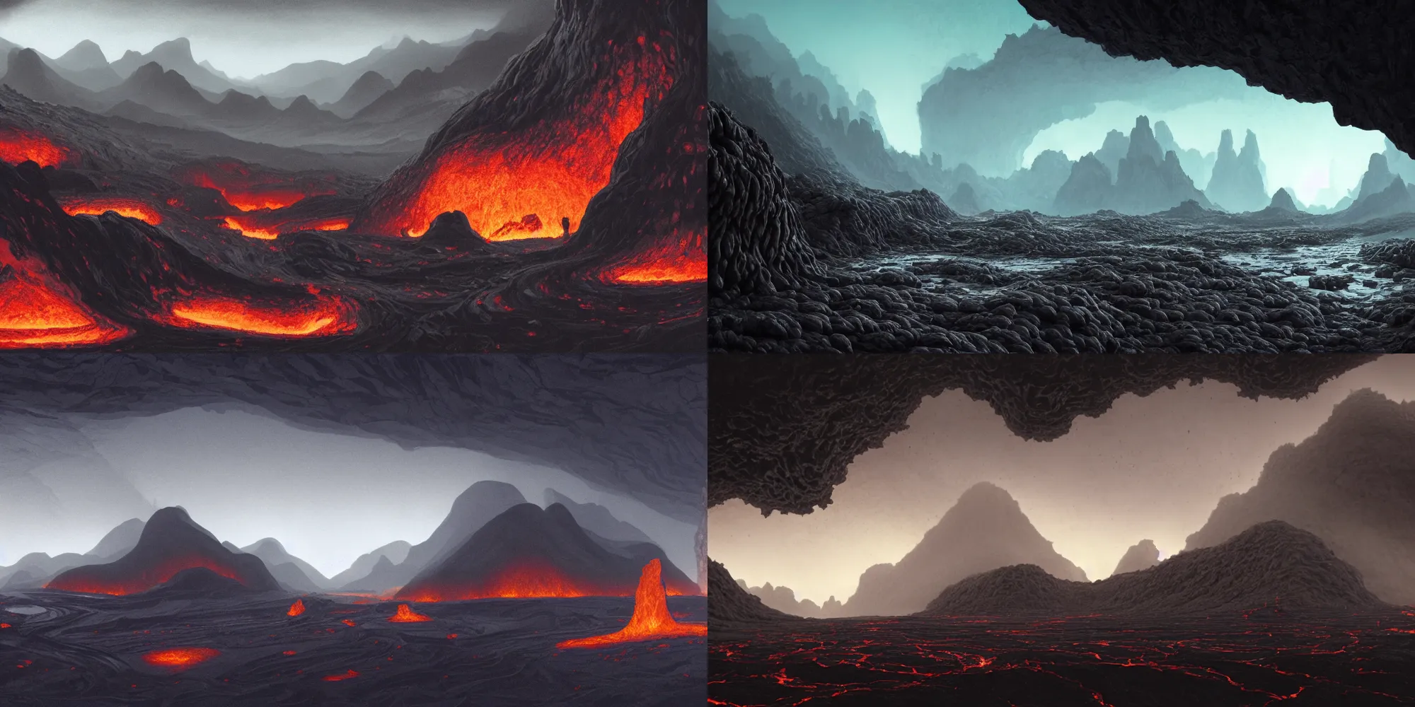 Prompt: Underworld caverns with mountains of ash, huge obsidian structures, tall obsidian architecture, underground, flowing lava, cozy wallpaper, 4k, gloomy landscape, high details, high contrast, Volumetric dynamic lighting, motion blur, blur, bokeh, trending on Artstation, award-winning, art by Chris Moore, by Greg Rutkowski