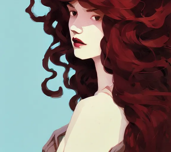 Image similar to portrait woman with long red curly hair, by atey ghailan, by greg rutkowski, by greg tocchini, by james gilleard, by joe fenton, by kaethe butcher, by ashley wood, dynamic lighting, gradient light blue, brown, blonde cream and white color scheme, grunge aesthetic