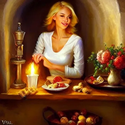 Image similar to wine cellar full of food, torches on the wall, schnapps, romantic, inviting, cozy, blonde woman, painting Vladimir Volegov