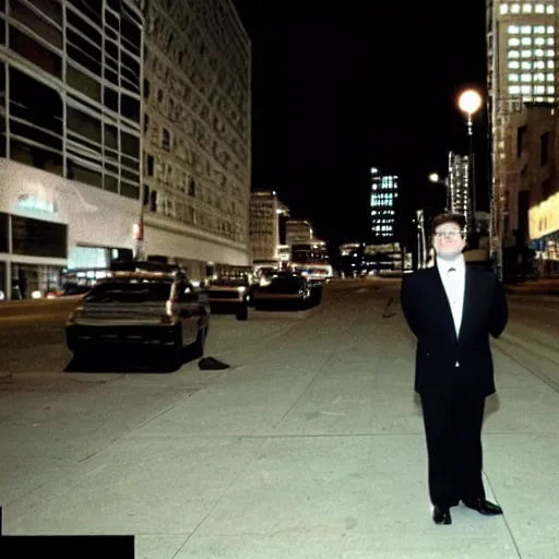 Prompt: 1 9 9 6 nathan lane wearing a black suit and necktie standing on the streets of chicago at night.