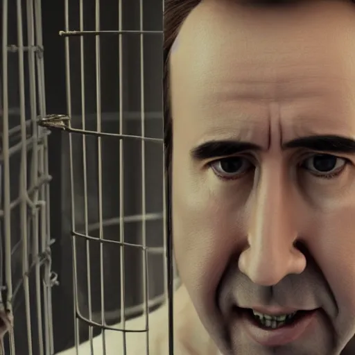 Prompt: hyperrealistic dslr film still of nicolas cage in a cage, stunning 8 k octane comprehensive 3 d render, inspired by istvan sandorfi & greg rutkowski & unreal engine, perfect symmetry, dim volumetric cinematic lighting, extremely hyper - detailed, extremely lifelike attributes & lifelike texture, intricate, masterpiece, artstation, stunning