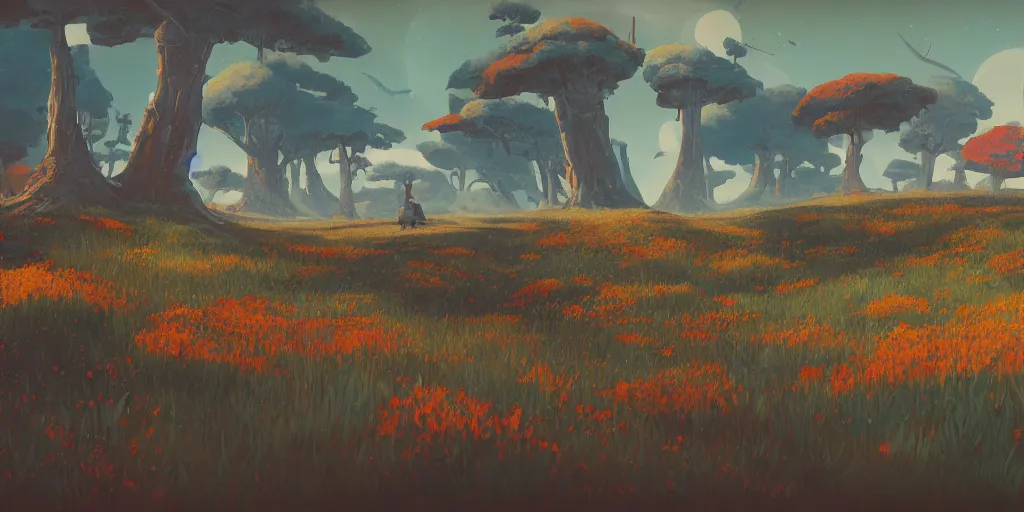 Image similar to landscape illustration at noon by james jean painted in no mans sky style, redshift, octane