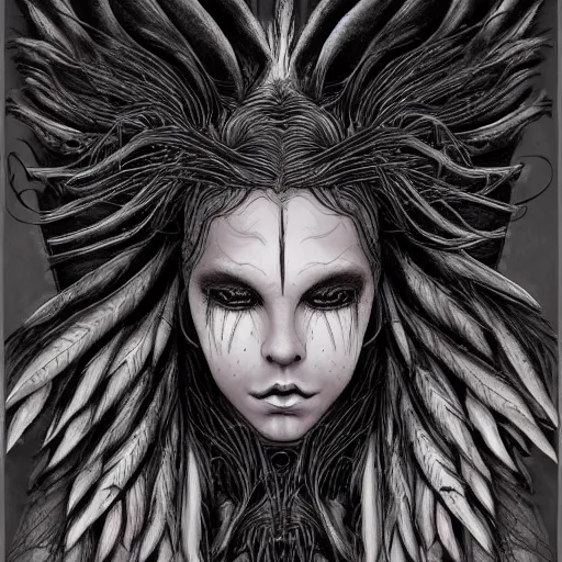 Prompt: detailed illustration of attractive sexy mysterious humanoid alien inhuman species with beautiful noseless human female face, female human torso, dark fae, black feather braided hair, feathers growing out of skin, huge wings growing out of arms, transformation, floating in zero gravity on starship, brian froud, tim burton, guillermo del toro, giger, science fiction