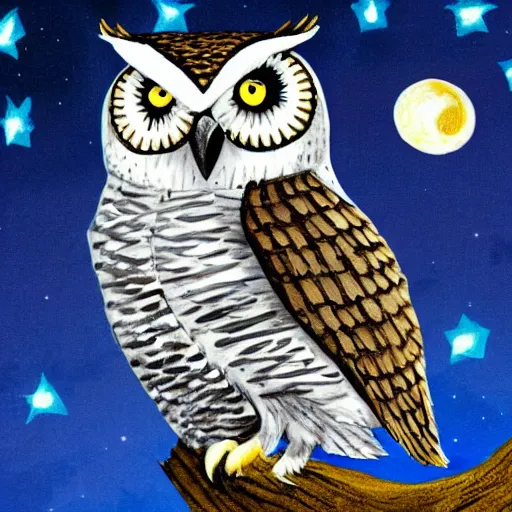 Prompt: Owl sitting on a tree branch in a tuxedo listening to jazz music under the night sky