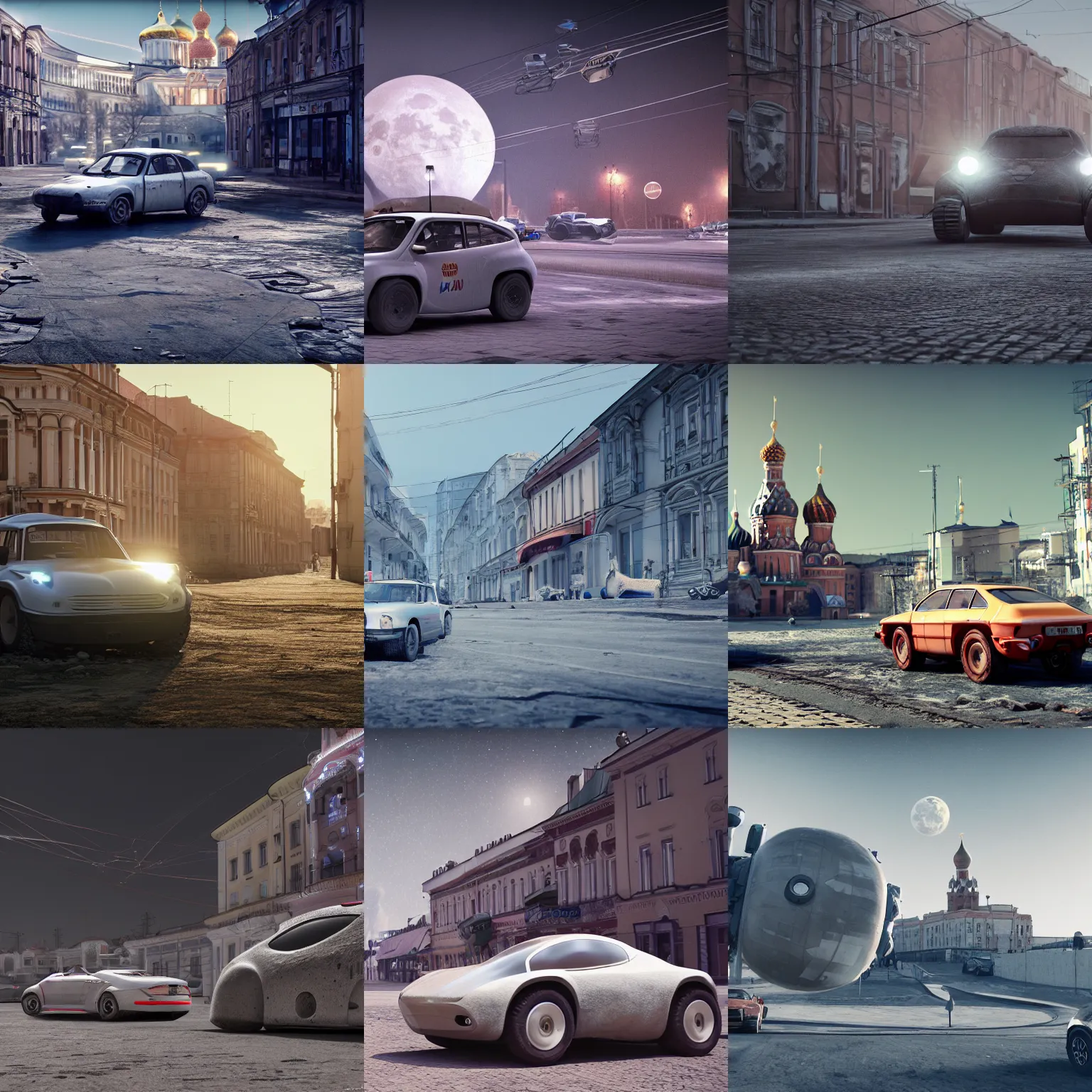 Prompt: car in the russian city on the moon designed by ash thorp, busy street, rendered in octane, unreal engine 5, photorealistic, 8 k hdr